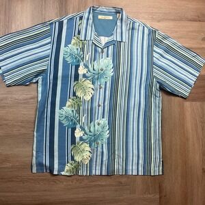 Vintage Tommy Bahama Silk Stripe Tropical Hawaiian Shirt Mens XL Blue Green Leaf